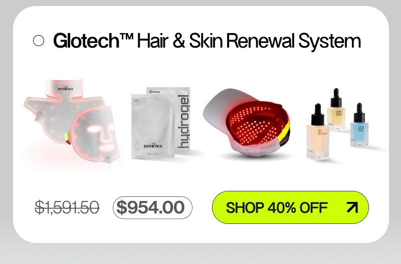 set of products, mask, collar, hair pro, serums and hydrogels, green button