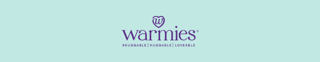 Warmies logo on blue. Shop Warmies.