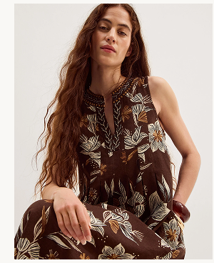 Esther Floral Linen Blend Midi Dress Brown