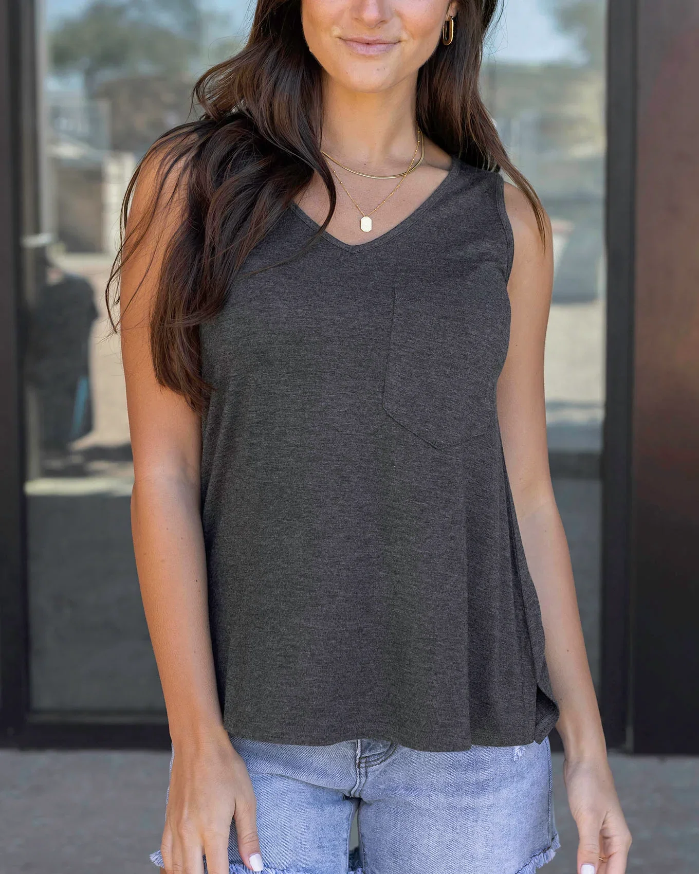 Image of New Charcoal Perfect Pocket V-Neck Tank - FINAL SALE