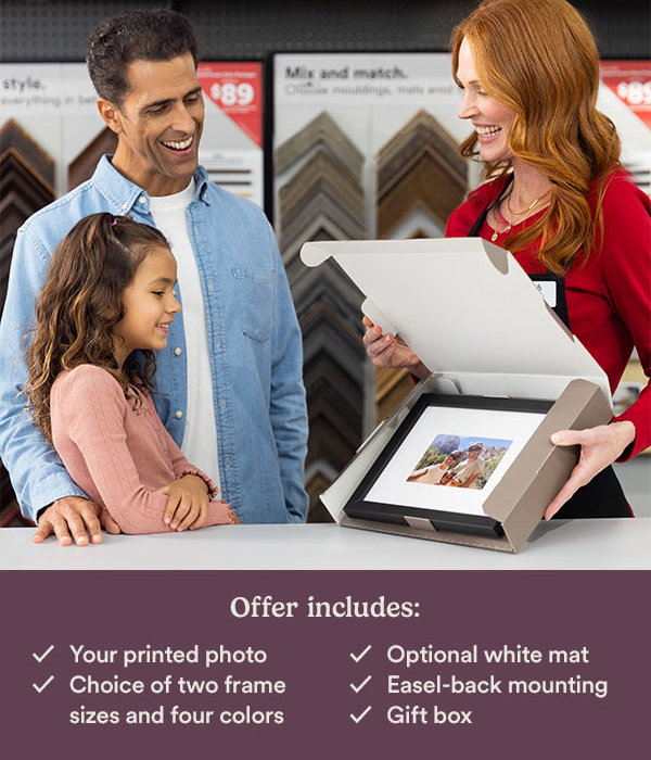 Offer includes: Your printed photo Optional white mat Choice of two frame sizes and four colors Easel-back mounting Gift box