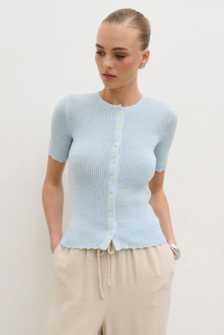 Louna Scallop Detail Cream Knit Button Top