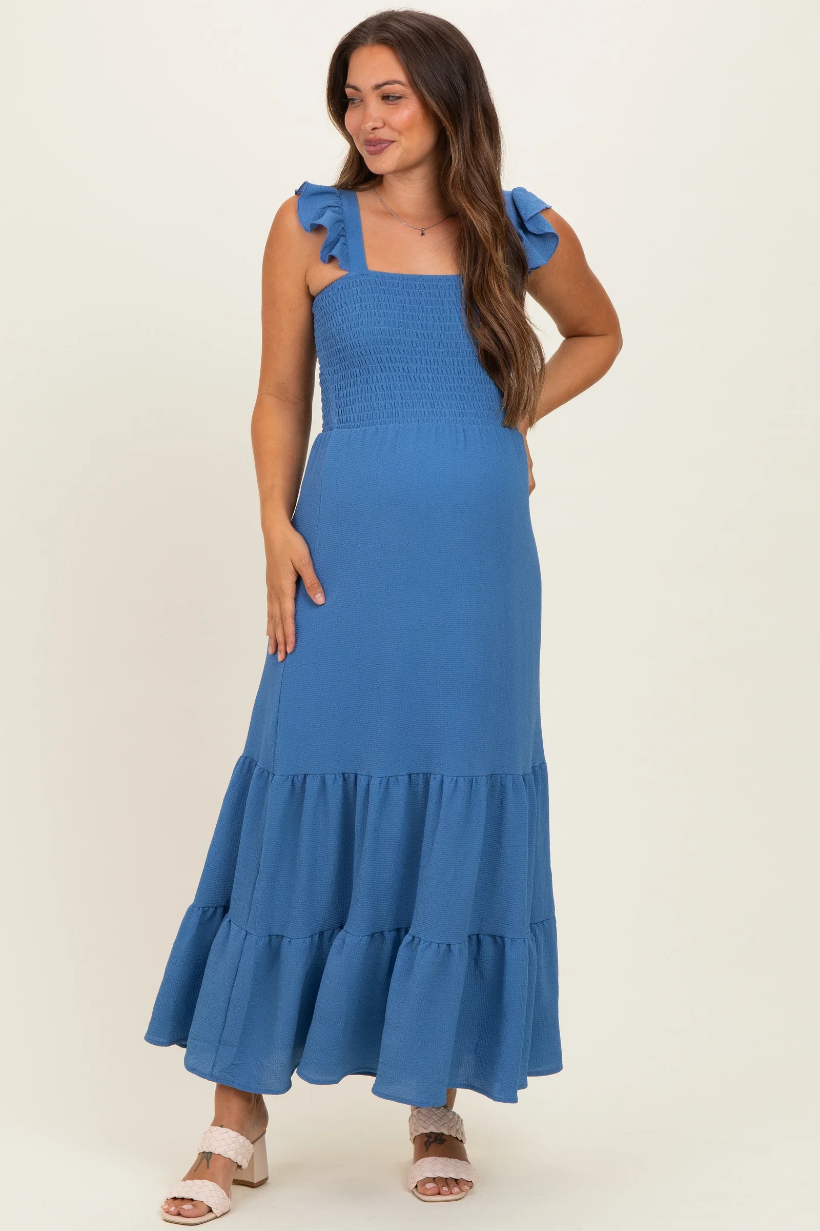 Image of Blue Ruffle Strap Smocked Maternity Maxi Dress