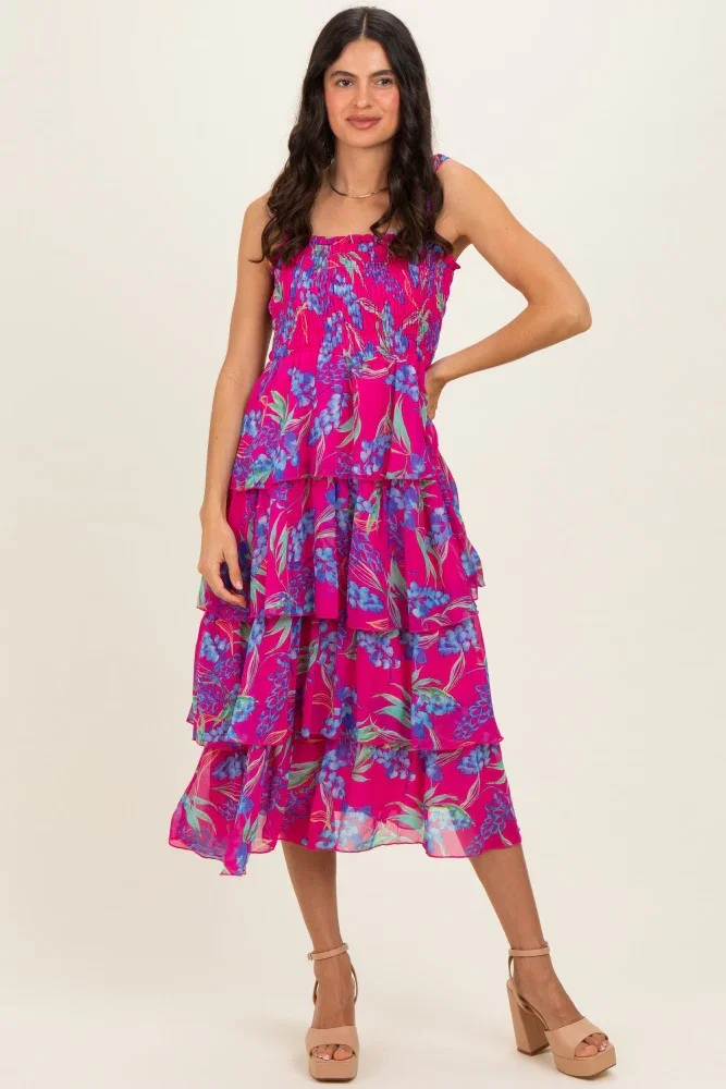 Image of Fuchsia Floral Smocked Tiered Midi Dress