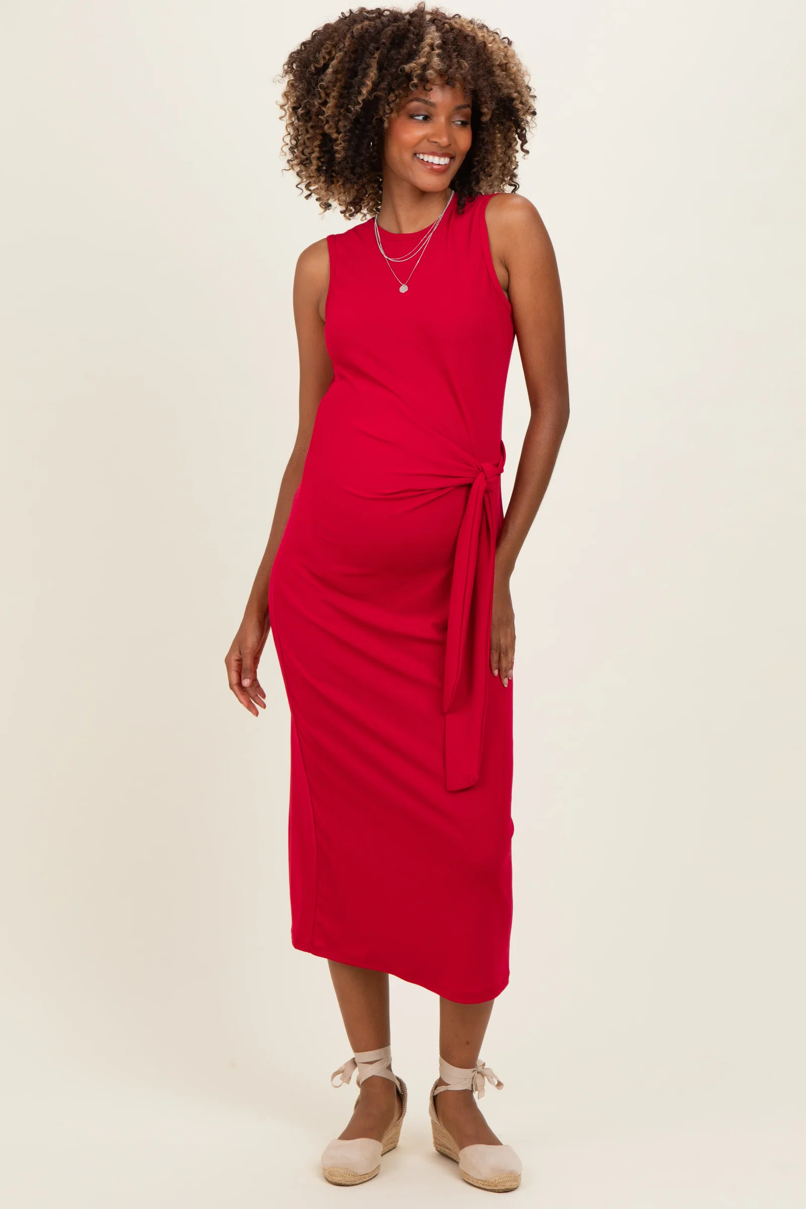 Image of Fuchsia Sleeveless Waist Tie Maternity Midi Dress