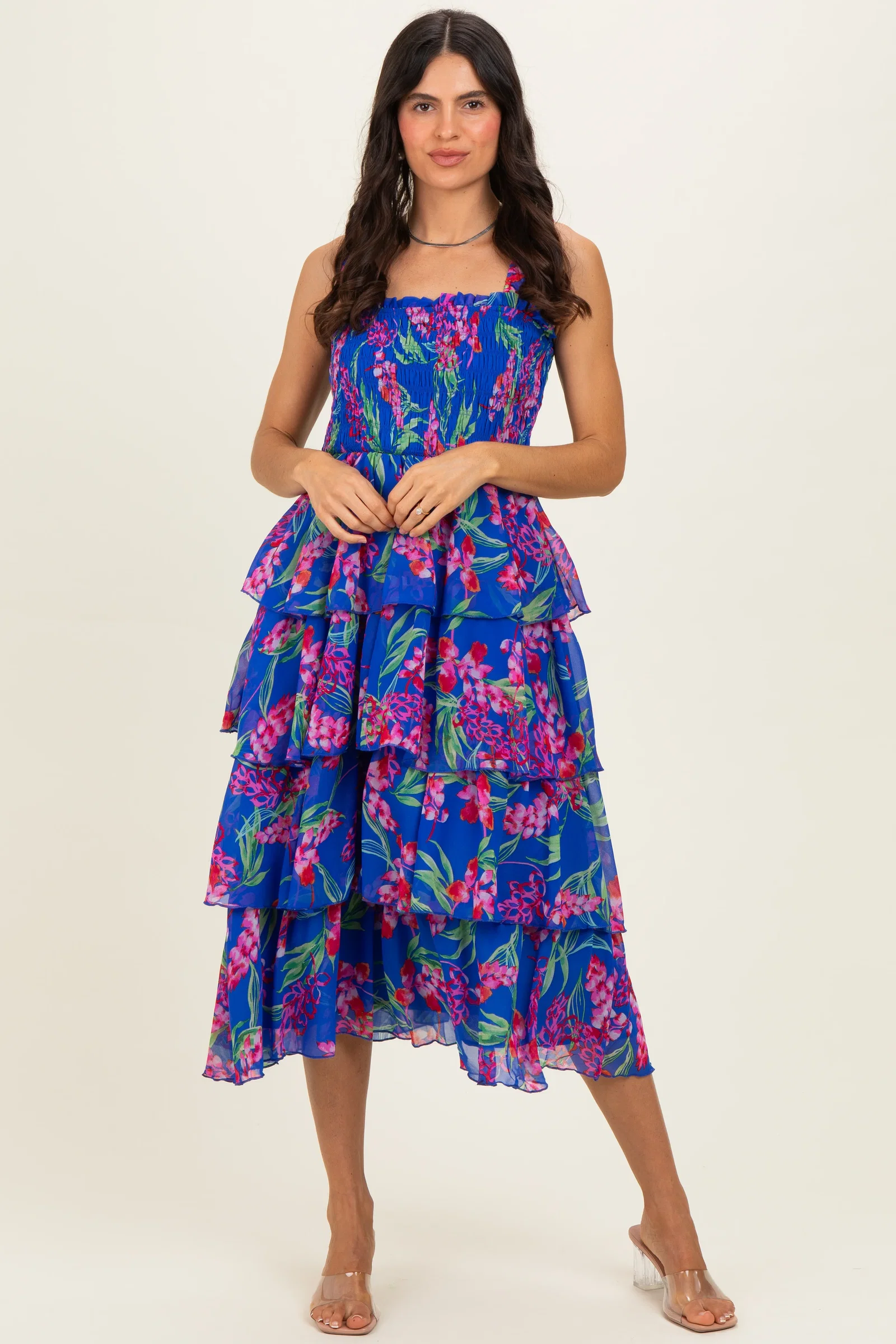 Image of Royal Blue Floral Smocked Tiered Midi Dress