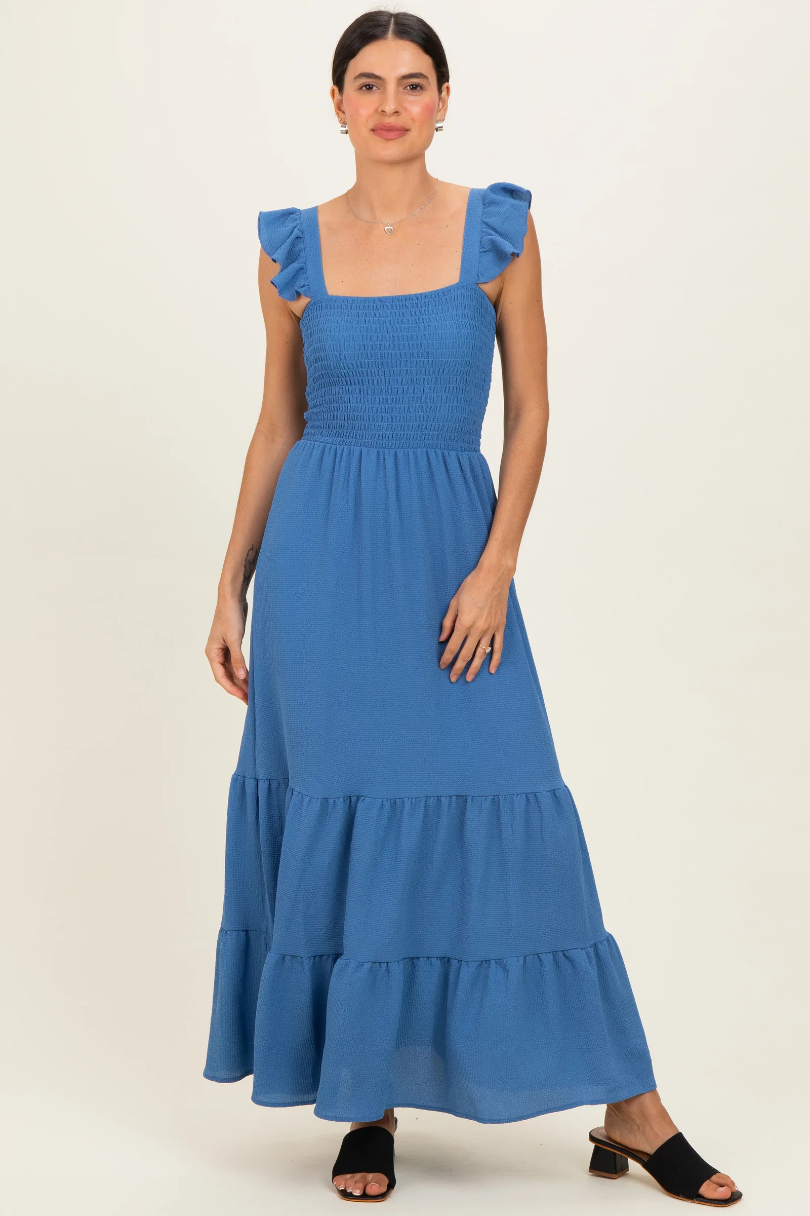 Image of Blue Ruffle Strap Smocked Maxi Dress