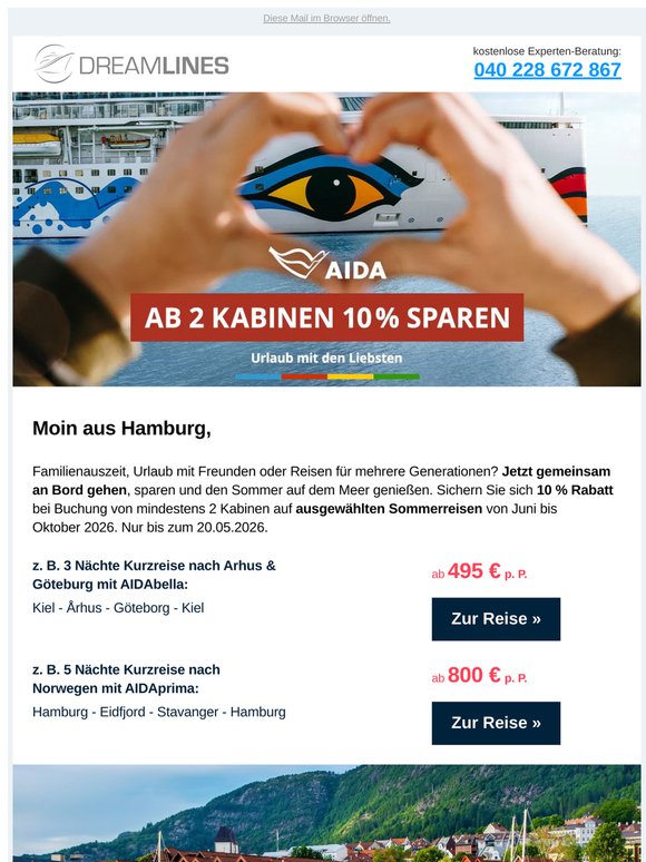 Bis 20.05.: Gemeinsam aufs Meer – 10 % auf 2 Kabinen mit AIDA