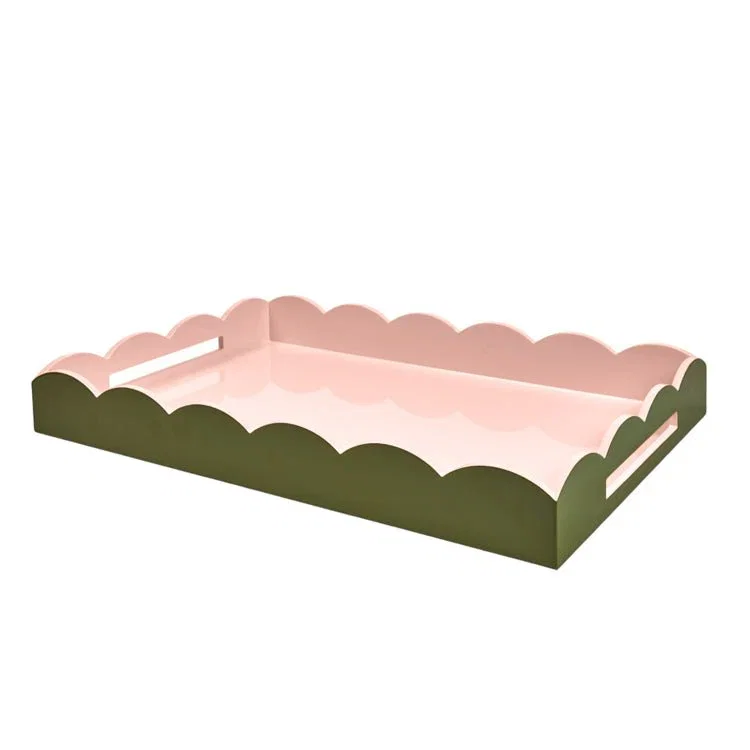 Image of Khaki & Pink Large Lacquered Scallop Ottoman Two-Tone Tray