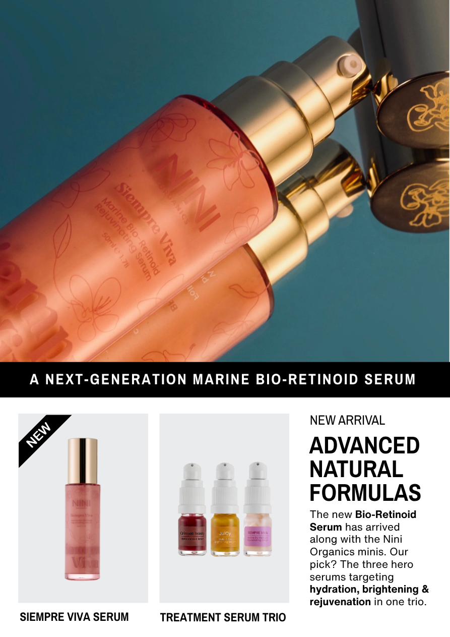 T Anext Generation Marine Bio-Retinoid Serum. Siempre Vivia and the Nini Organics Minis, Three hero serums for hydration, brightening and rejuvenation in one trios
