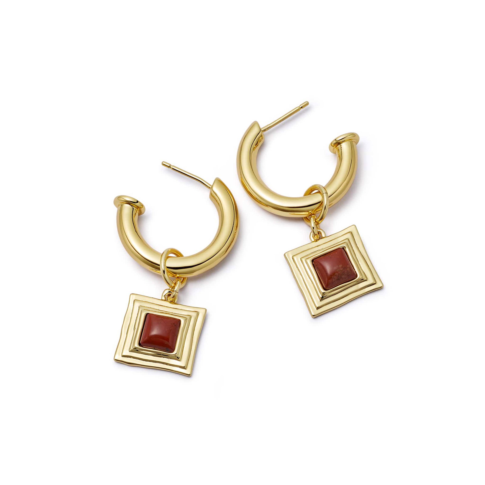 Image of Red Jasper Square Chubby Hoop Earrings 18ct Gold Plate