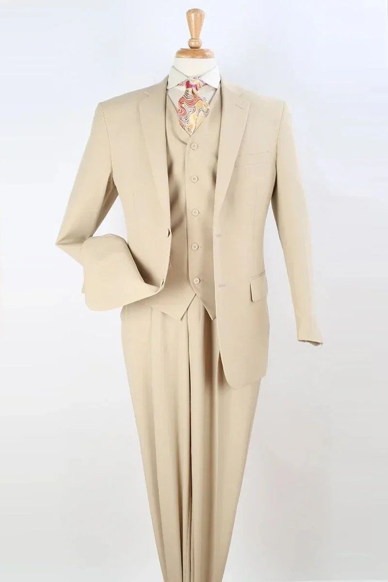 Mens Two Button Classic Fit Vested Suit in Tan