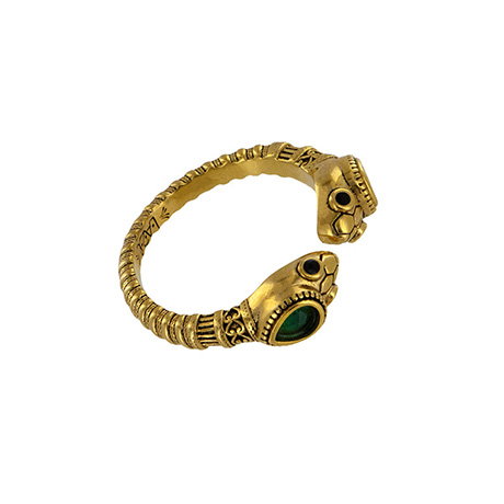 Greek-inspired gold-plated double-headed snake ring with green agate eyes. - Shop Now.