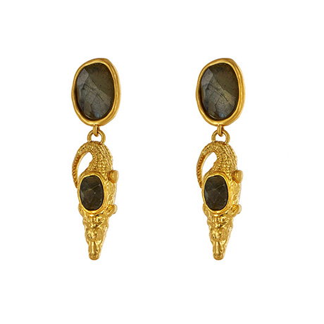 Pair of gold-plated Egyptian crocodile earrings inlaid with iridescent labradorite gemstones. - Shop Now.