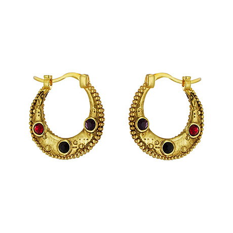 Pair of Cypriot-inspired hoop earrings inlaid with vibrant glass cabochons. - Shop Now.