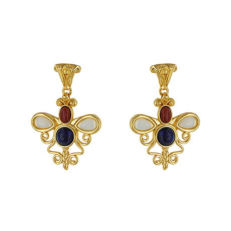 Roman-inspired pair of gold-plated earrings with semi-precious stones and butterfly pendants. - Shop Now.