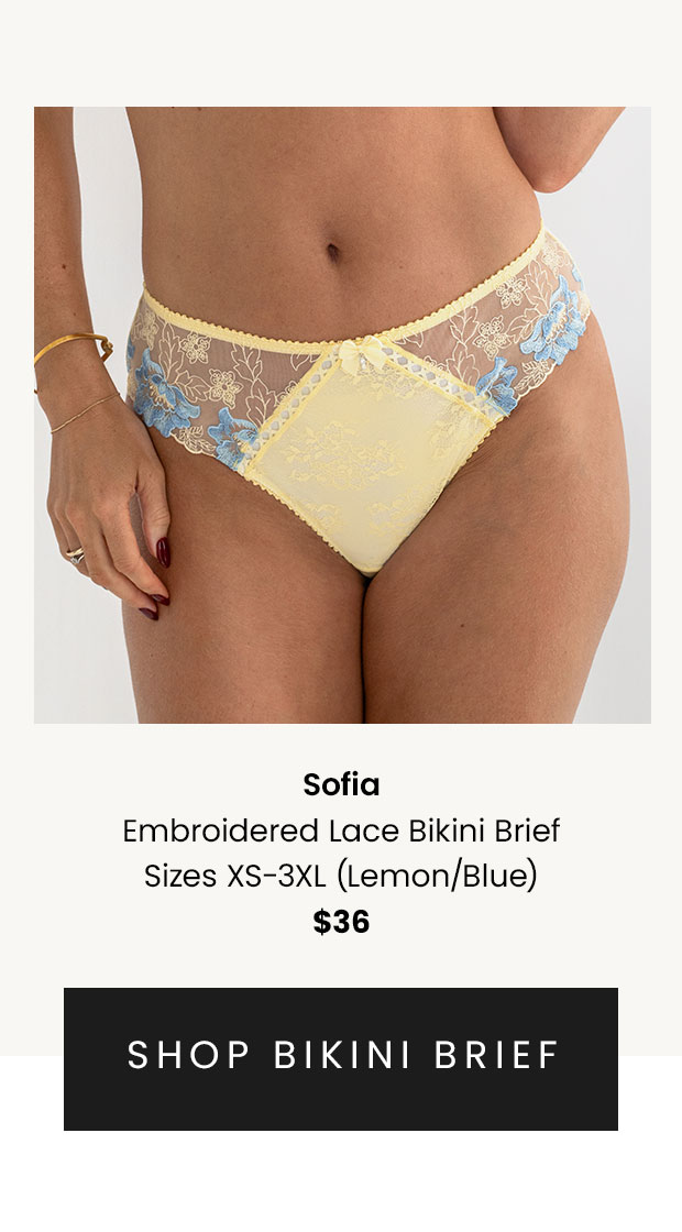 Sofia Embroidered Lace Bikini Brief - Soft Lemon/Blue