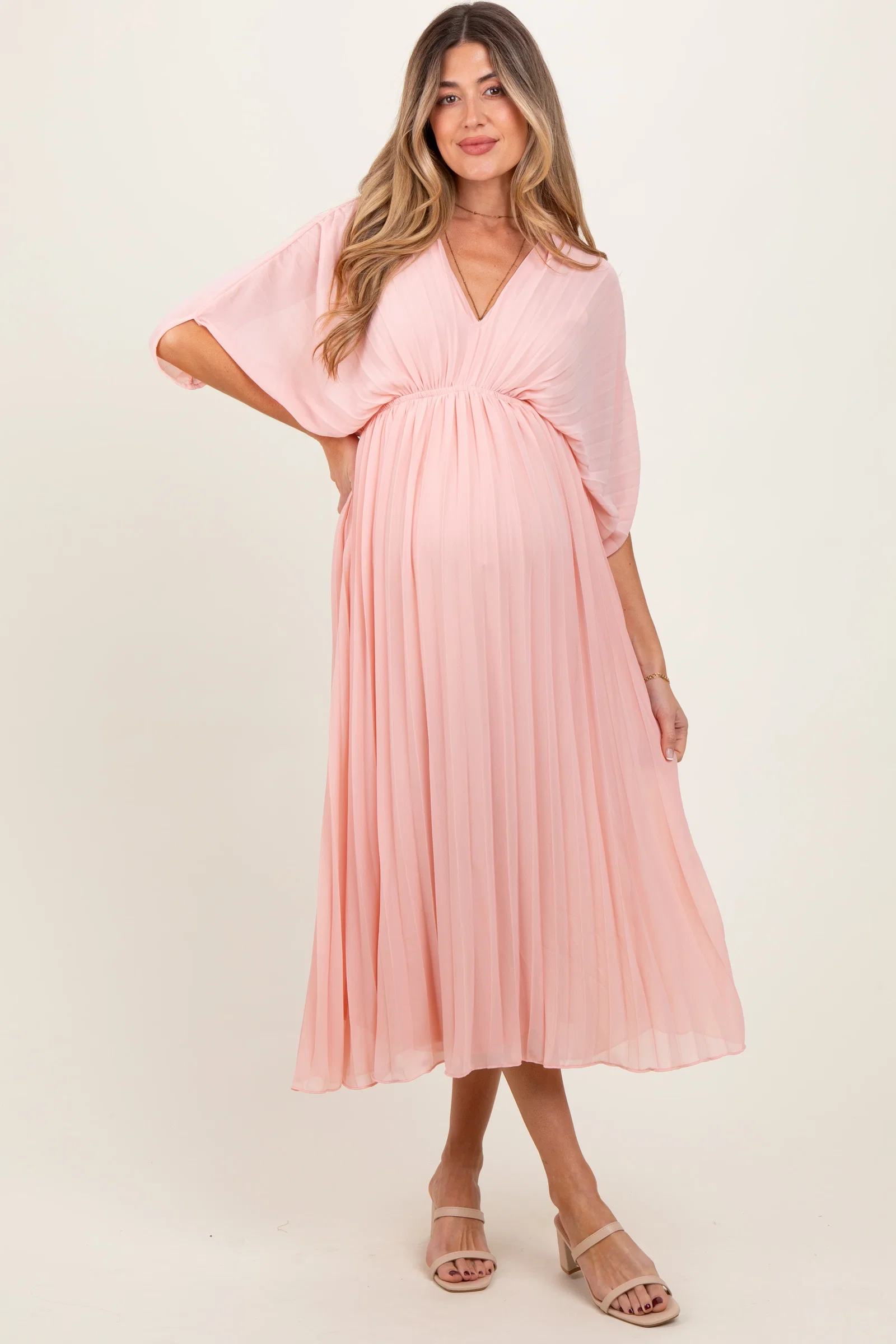 Image of Light Pink Pleated V Neck Maternity Maxi Dress
