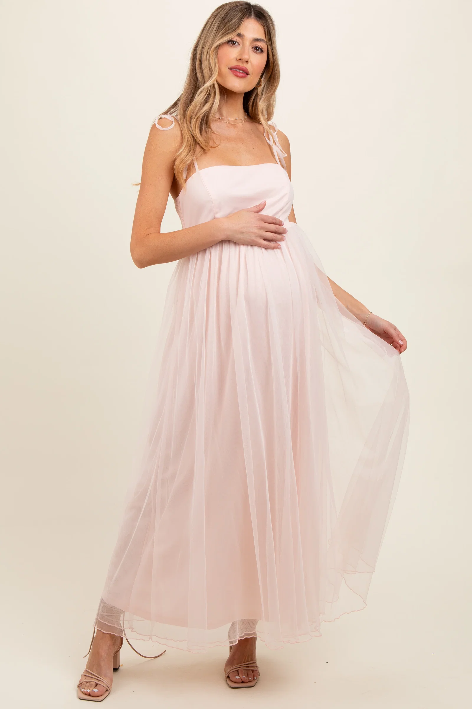 Image of Light Pink Square Neck Shoulder Tie Tulle Maternity Maxi Dress