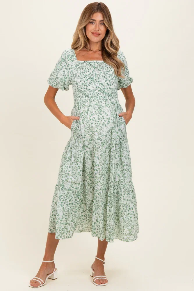 Image of Green Floral Smocked Short Sleeve Maternity Midi Dress