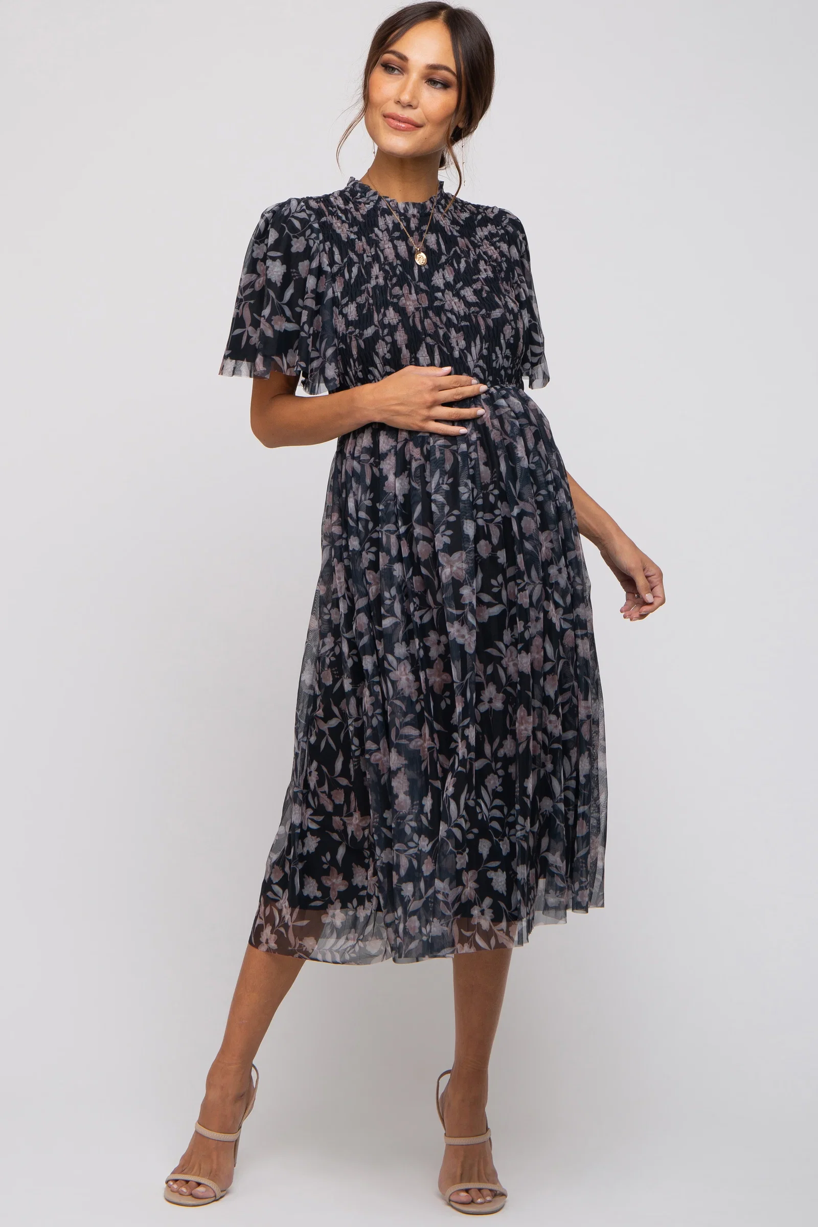 Image of Black Floral Smocked Mesh Knit Maternity Midi Dress
