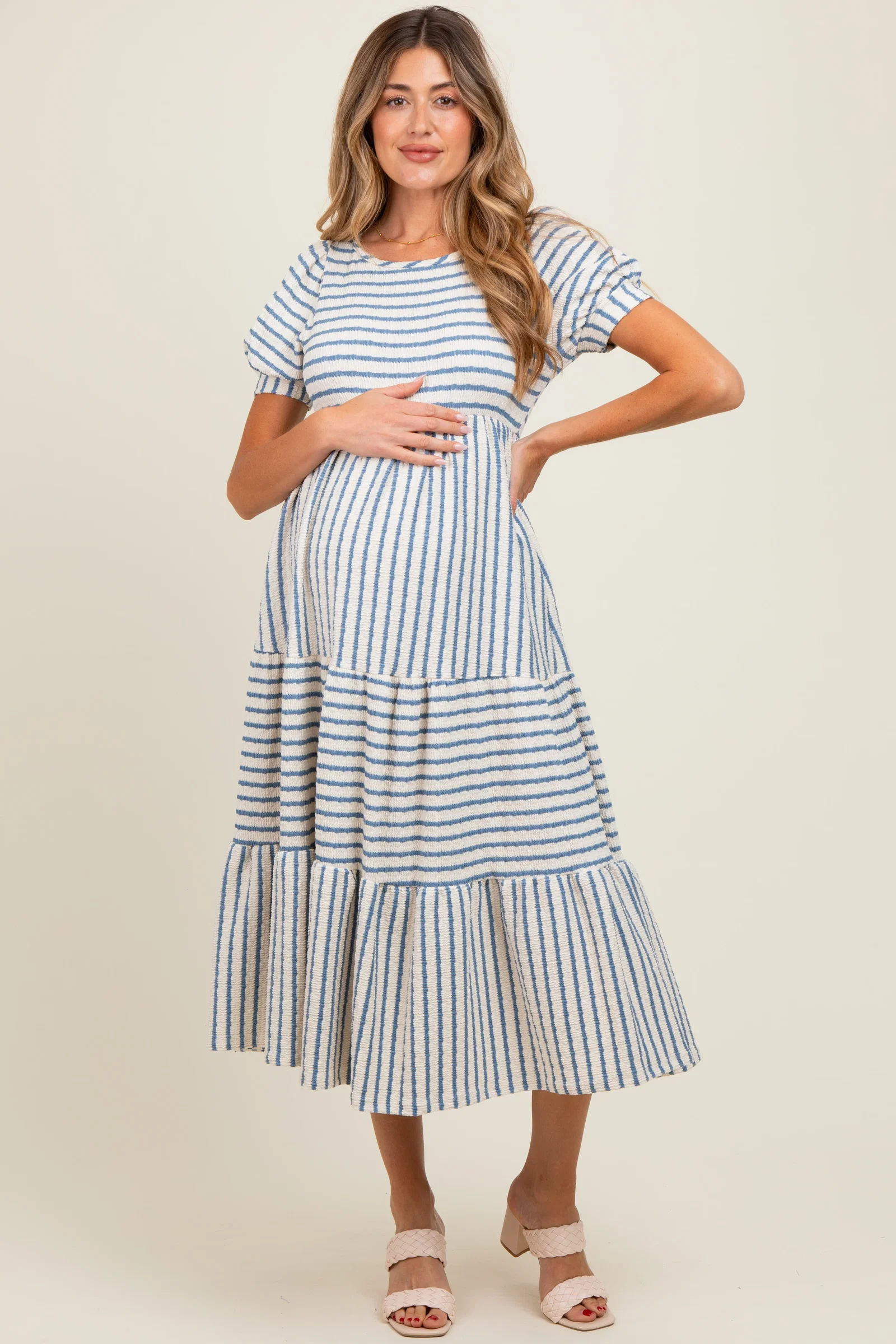 Image of Cream/Blue Striped Short Sleeve Tiered Maternity Maxi Dress