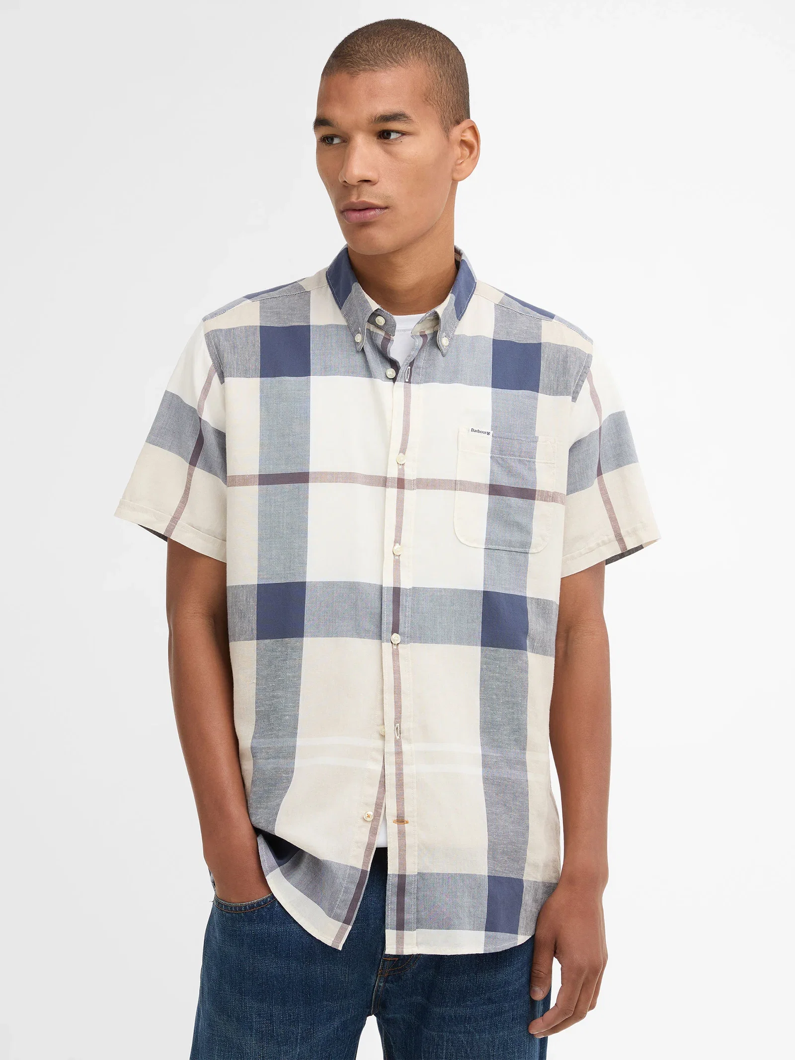 Image of Douglas Tailored Fit Beige Tartan Linen Blend Short Sleeve Shirt