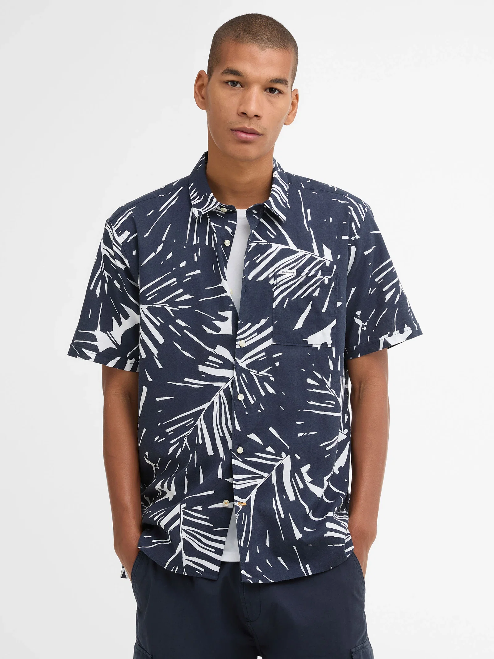 Image of Edenwood Regular Fit Navy Tropical Leaf Linen Blend Short Sleeve Shirt