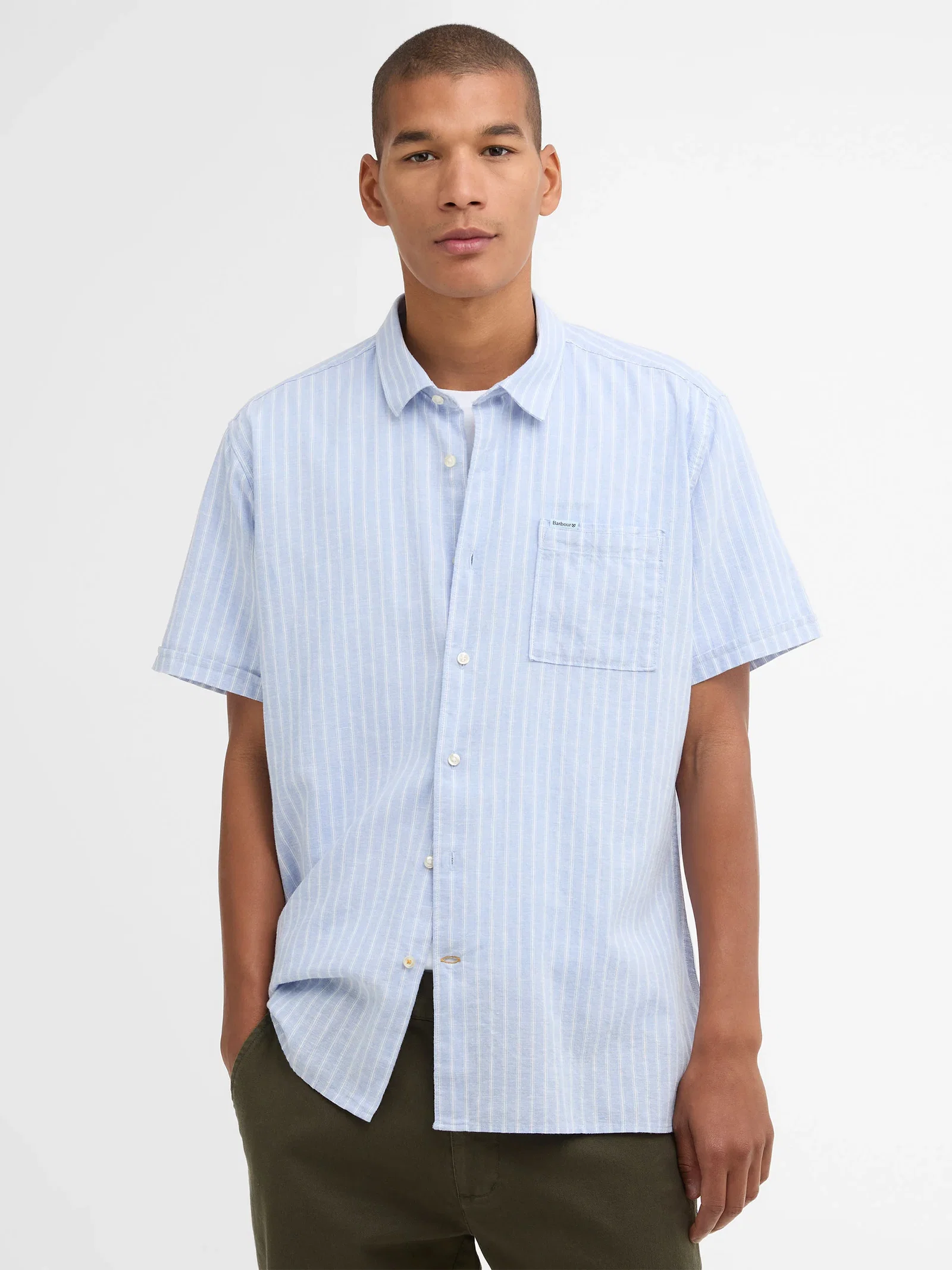 Image of Nelson Regular Fit Blue & White Stripe Linen Blend Short Sleeve Shirt