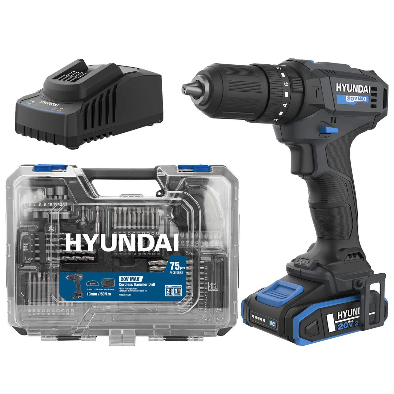Image of Hyundai 20V 50Nm Cordless Hammer Drill, 2-Speed, 13 mm Chuck LED Light | HD20S-50