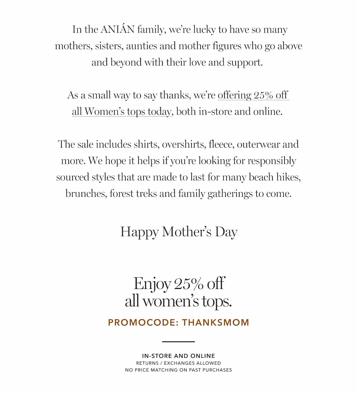 Enjoy 25% off all women's tops using the code THANKSMOM