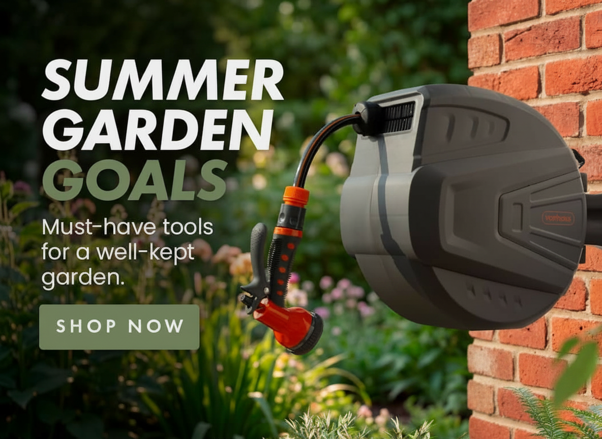 Garden hose reel with "Summer Garden Goals" text and a "Shop Now" button.