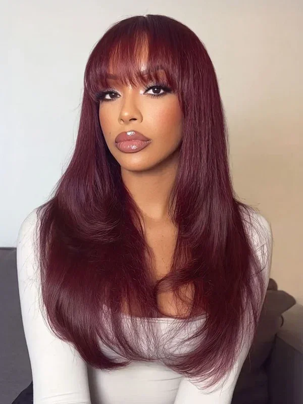 Wavymy Burgundy 99J Colored Layered Cut Wig with Bangs Wear Go Glueless Straight 7x5 Lace Closure Wig 180% Density