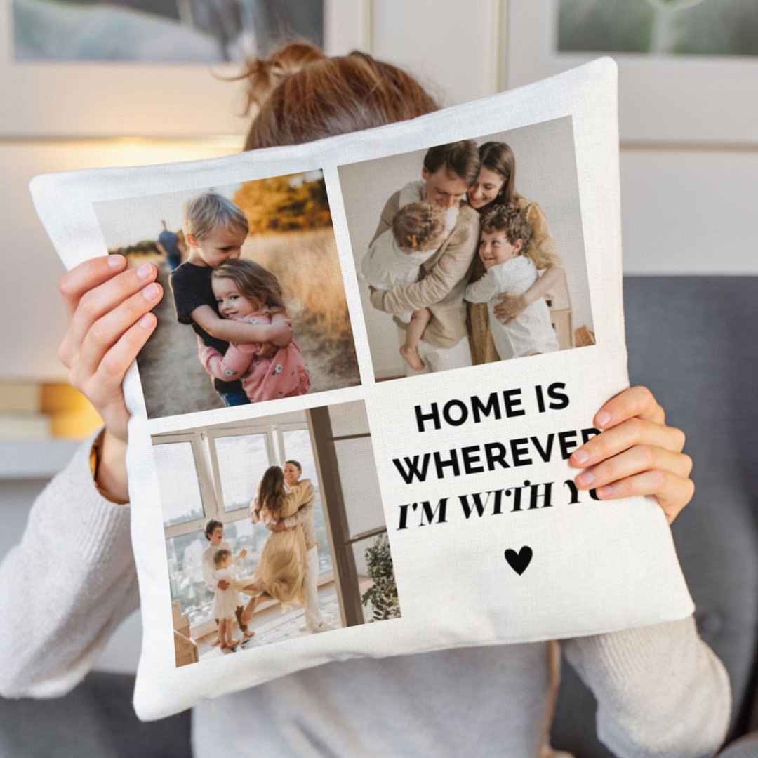 Image of Housse de coussin personnalisée avec 3 photos et texte