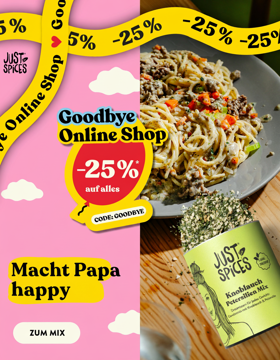 Sale banner for Just Spices with spaghetti and spice mix.