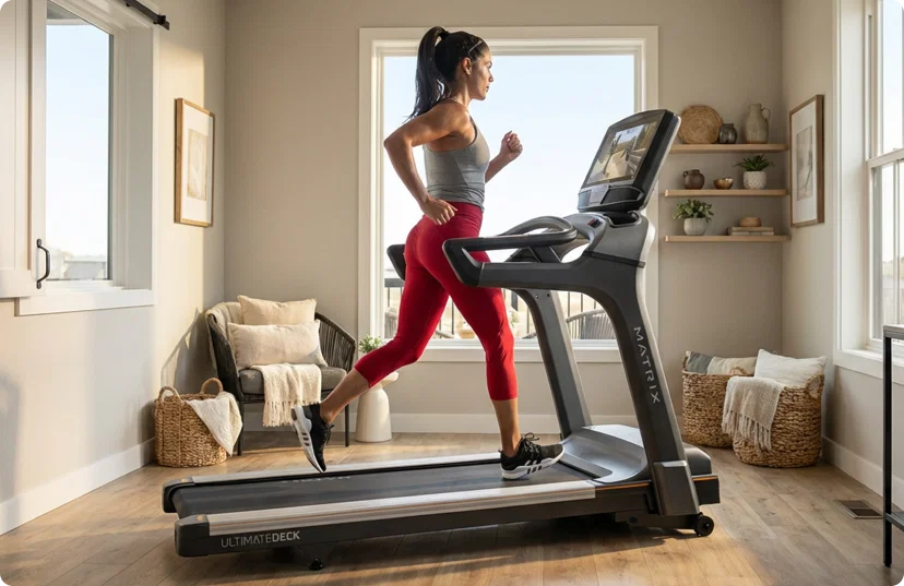 Woman in red leggings running on Matrix Treadmill in home workout room