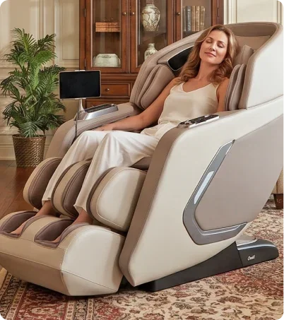 Woman in all white relaxing in Osaki DuoMax massage chair at home