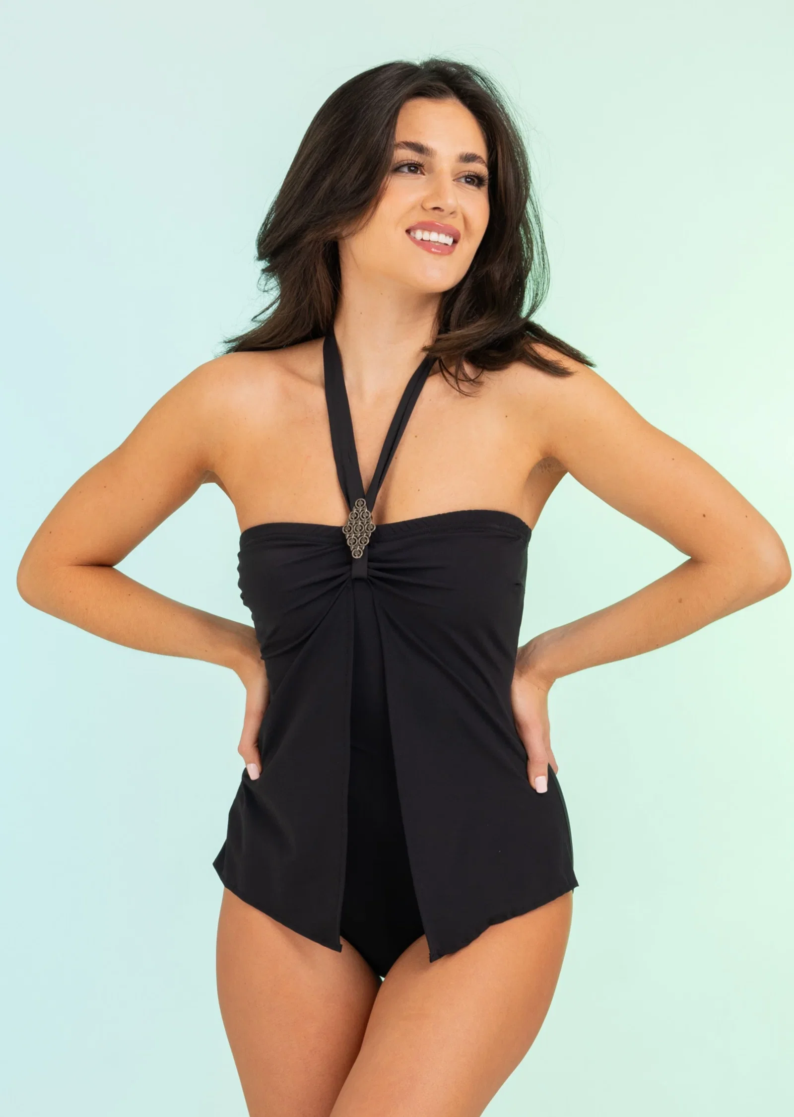 Image of Black Strapless One Piece with Overlay Flap (344)