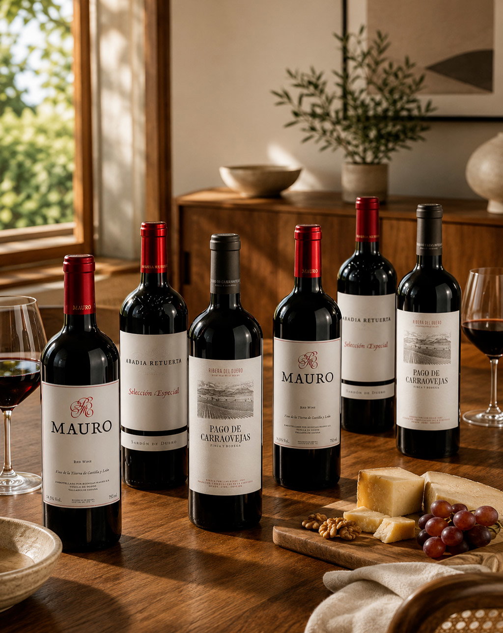 Six bottles of red wine on a wooden table with cheese board, grapes, walnuts and two wine glasses in a warm dining room