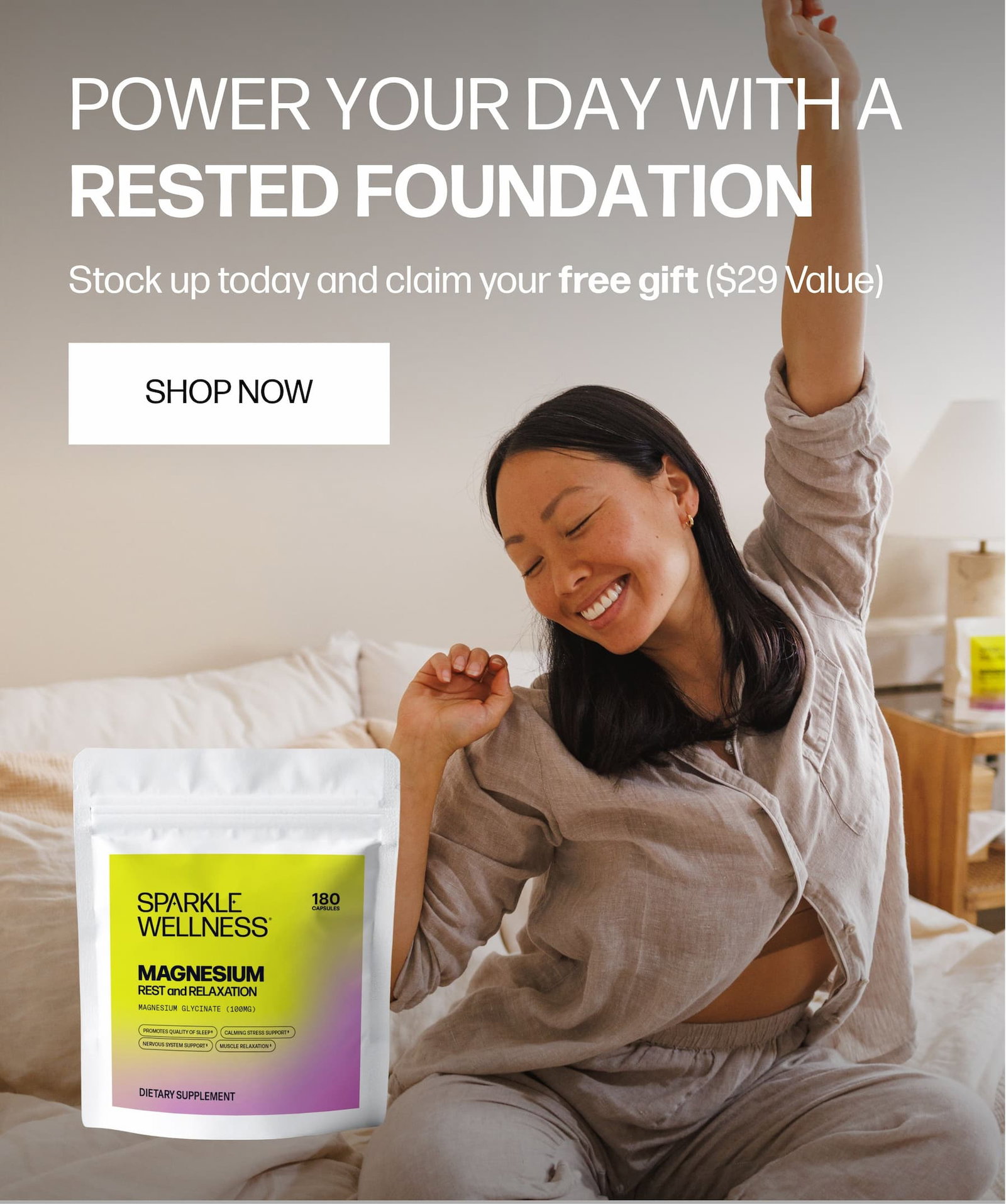 Woman waking up feeling energized and refreshed. Power your day with a rested foundation. Shop Sparkle Wellness supplements.