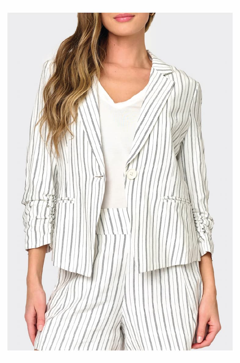  Notch Collar Pinstripe Linen Blazer