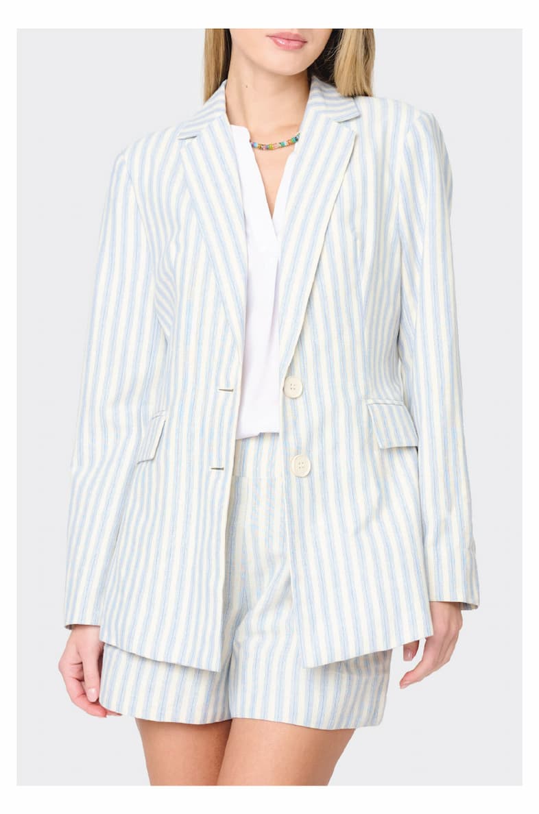  Long Line Striped Linen Blazer