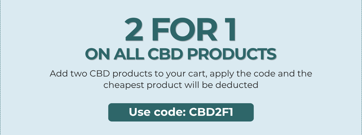2 for 1 on all CBD products. Add two cbd products to cart and apply the code: CBD2F1