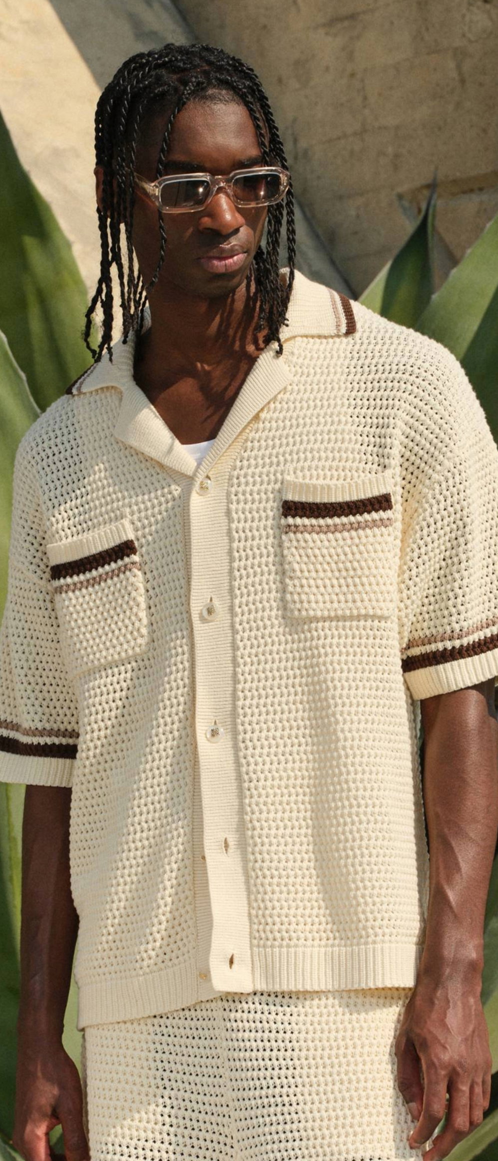CROCHET KNITTED STRIPE BUTTON THROUGH SHIRT