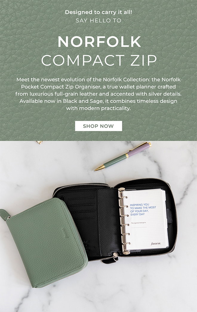 Norfolk Compact Zip: Meet the newest evolution of the Norfolk Collection: the Norfolk Pocket Compact Zip Organiser, a true wallet planner crafted from luxurious full-grain leather and accented with silver details. Available now in Black and Sage, it combines timeless design with modern practicality.