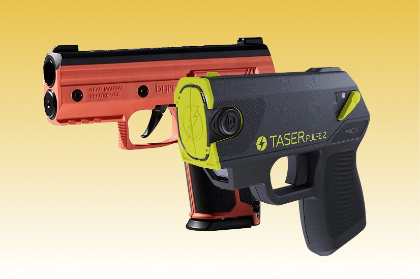 Two personal defense devices on a yellow gradient background: a red Byrna pepper ball launcher and a black Taser Pulse 2 with neon yellow accents