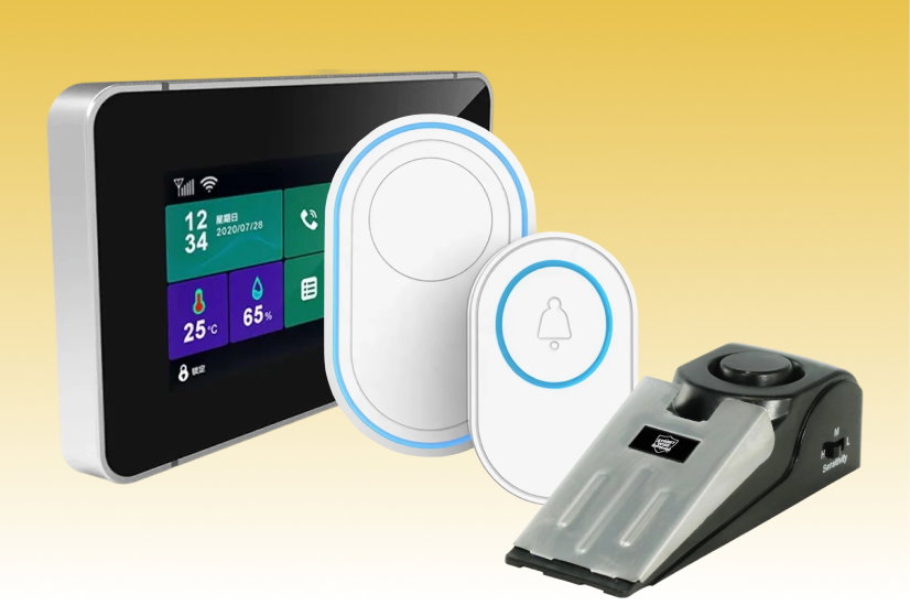 Home security devices on a yellow gradient background: a touchscreen smart alarm panel, two white wireless door/window sensors with blue rings, and a wedge-shaped door stop alarm