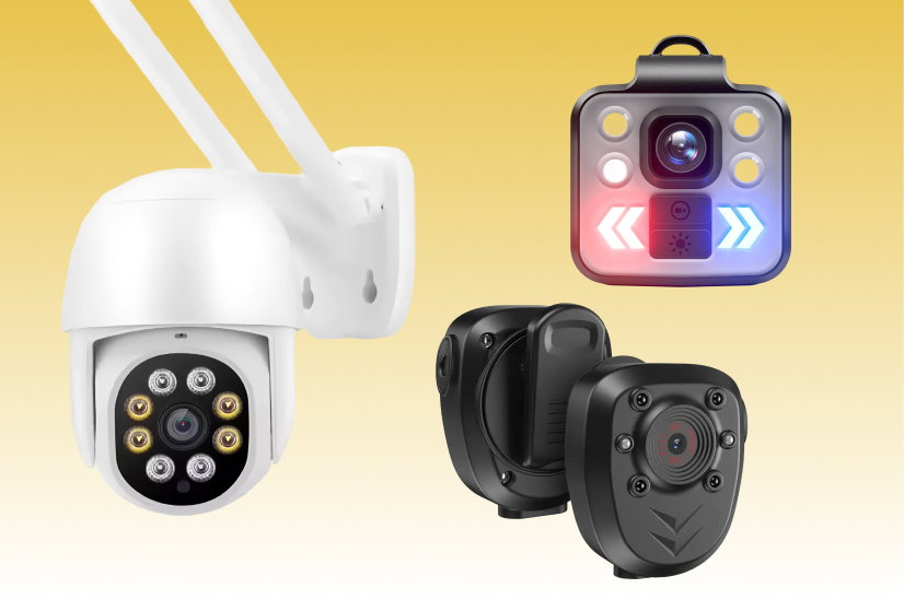 Three security cameras on a yellow gradient background: a white PTZ outdoor camera with dual antennas, a compact black body camera with red and blue indicator lights, and a pair of small black wireless cameras