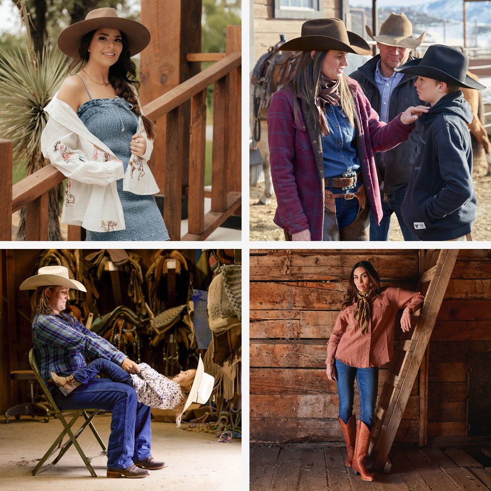 A photo montage of woman wearing western attire.