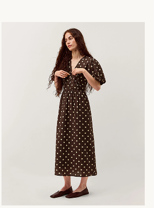 Paris Puff Sleeve Polka Dot Midi Dress Brown